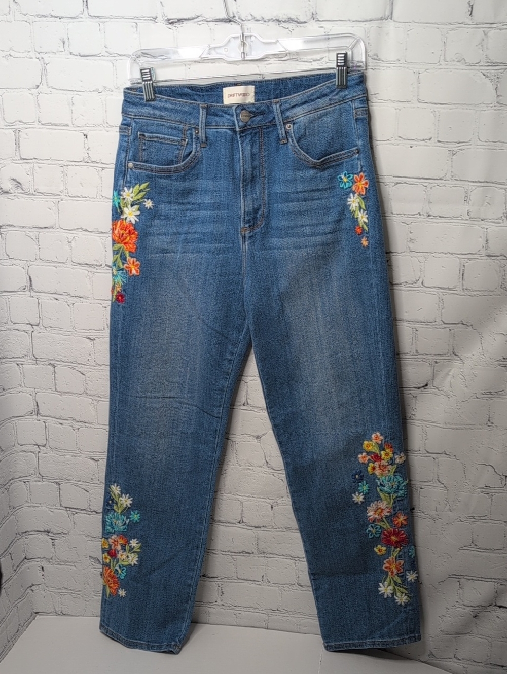DRIFTWOOD Royce High Rise Straight-Leg Jeans with Floral Embroidery